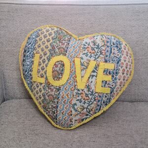Anthropologie yellow patchwork LOVE heart shape embroidered throw pillow